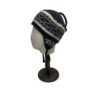 Everest Designs Wool Earflap Hat Nordic Fair Isle Knit Tassel Black Cream
